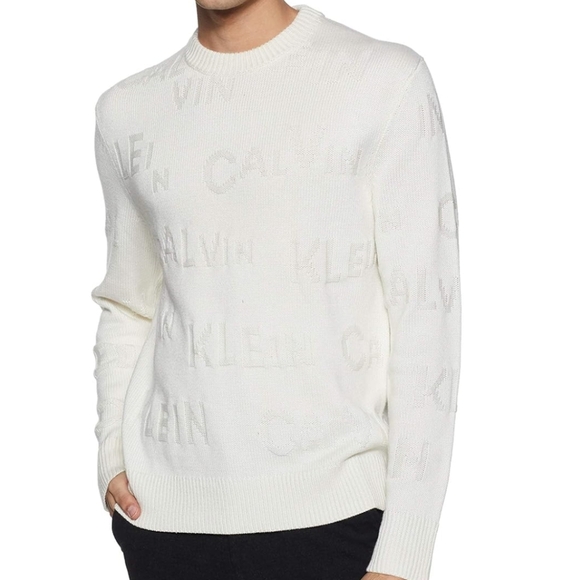 Calvin Klein Like New Men Wool Logo Sweater Size L Off White Crew Neck Pullover - Picture 1 of 14